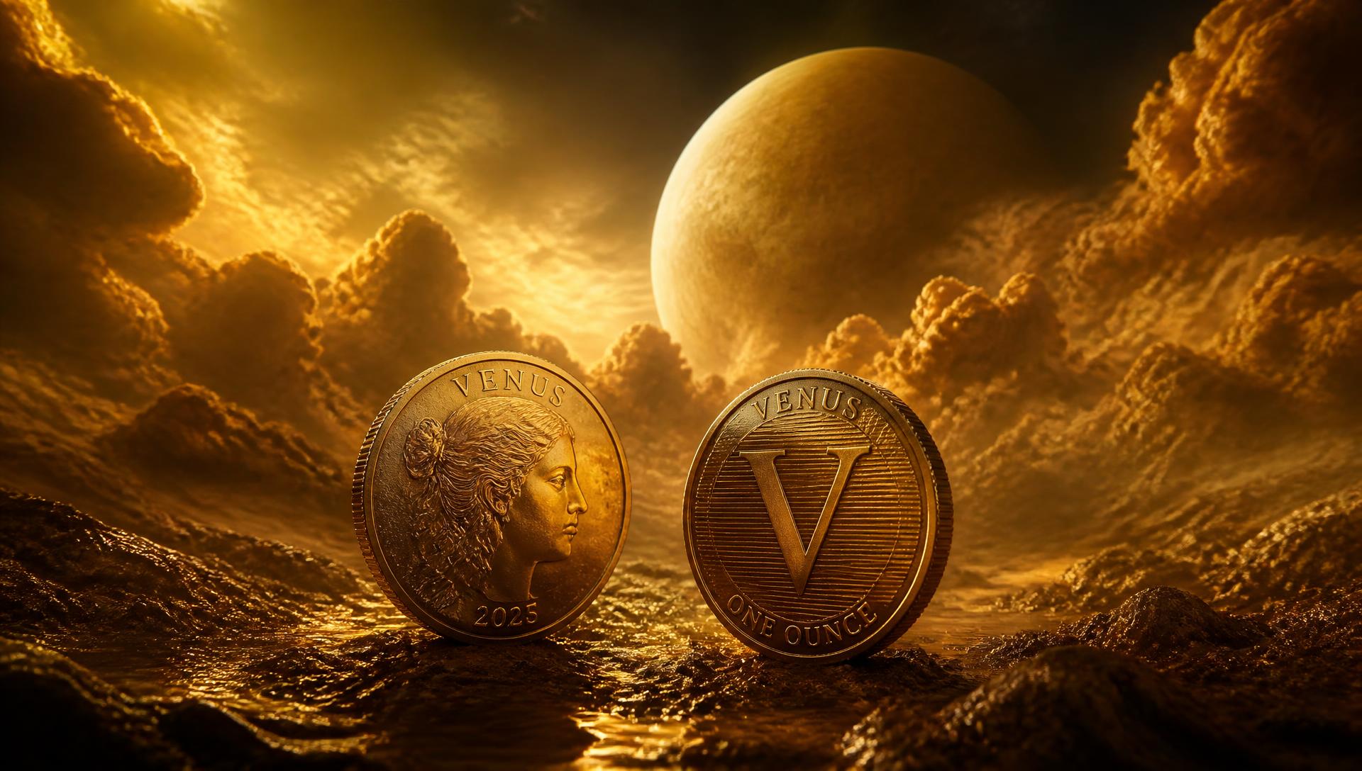 Two gold coins standing in Venusian dust beneath golden clouds