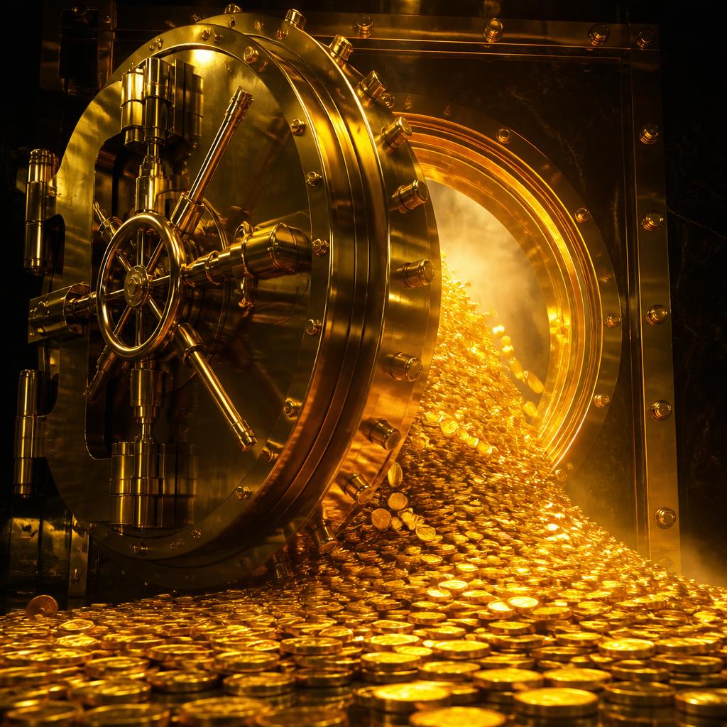 Vault door ajar with coins streaming out